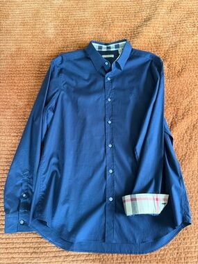 Men's Burberry Navy Button-Down Shirt - Classic Long Sleeve